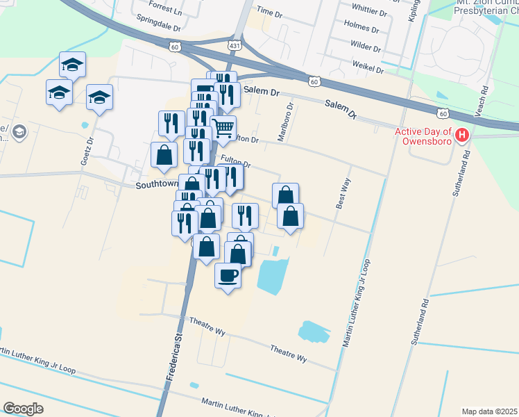 map of restaurants, bars, coffee shops, grocery stores, and more near 528 Southtown Boulevard in Owensboro