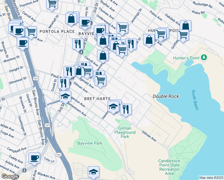 map of restaurants, bars, coffee shops, grocery stores, and more near 1350 Donner Avenue in San Francisco