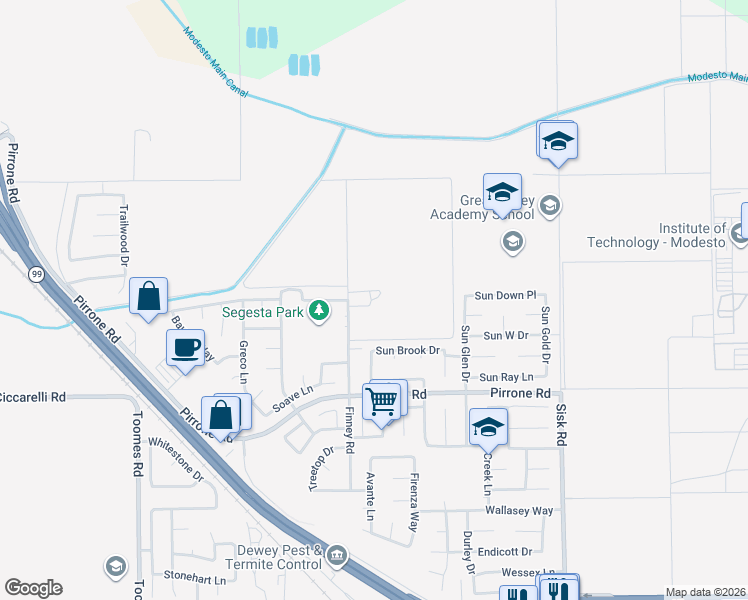 map of restaurants, bars, coffee shops, grocery stores, and more near 5706 Finney Road in Modesto