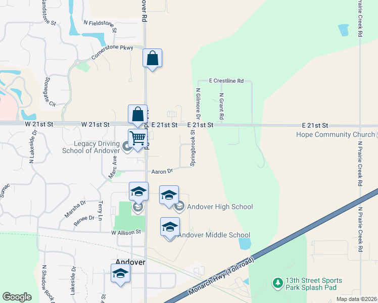map of restaurants, bars, coffee shops, grocery stores, and more near 2020 Springbrook in Andover