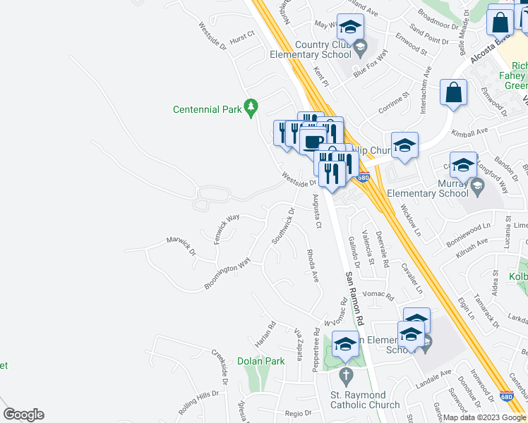 map of restaurants, bars, coffee shops, grocery stores, and more near 11818 Bloomington Way in Dublin