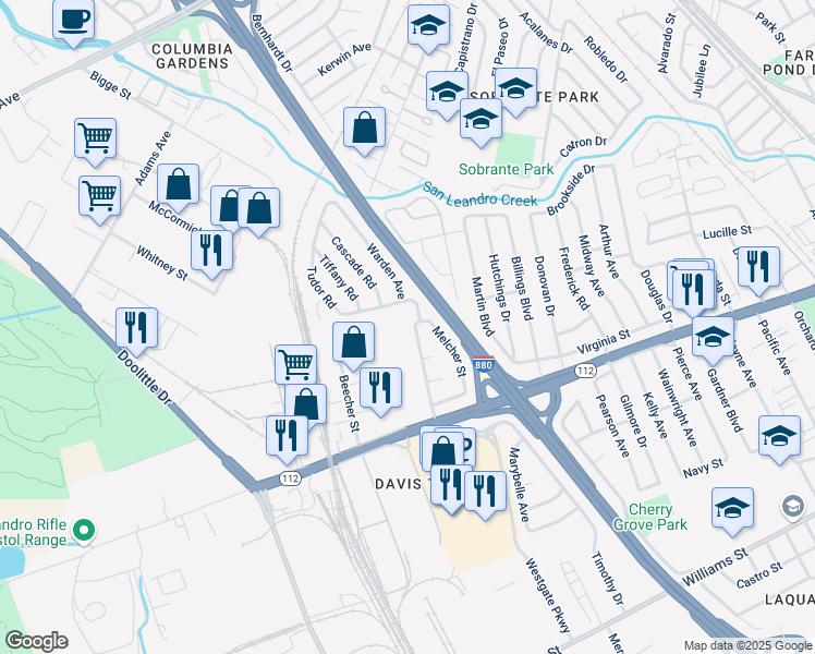 map of restaurants, bars, coffee shops, grocery stores, and more near 741 Tudor Road in San Leandro