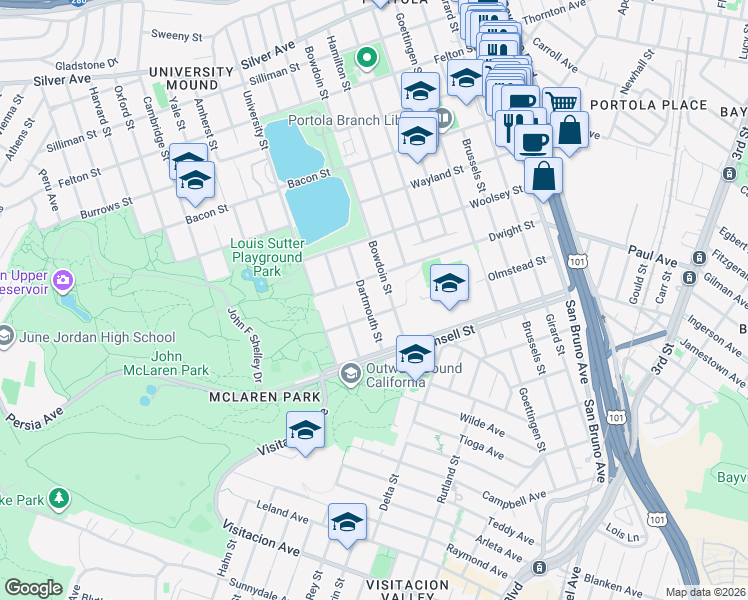 map of restaurants, bars, coffee shops, grocery stores, and more near 1106 Bowdoin Street in San Francisco