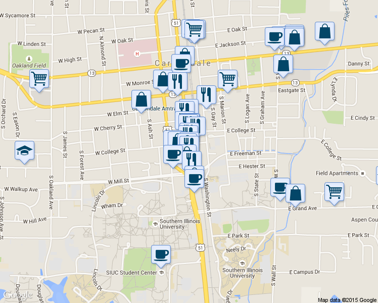 map of restaurants, bars, coffee shops, grocery stores, and more near 199 East College Street in Carbondale