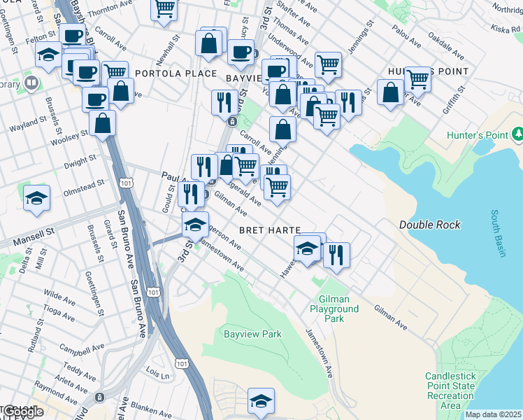 map of restaurants, bars, coffee shops, grocery stores, and more near 1247 Fitzgerald Avenue in San Francisco