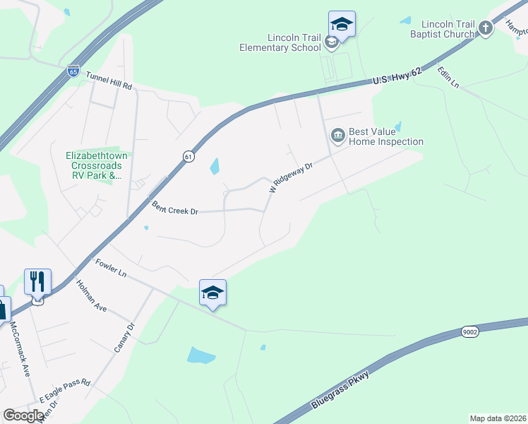 map of restaurants, bars, coffee shops, grocery stores, and more near Coldcreek Court North in Elizabethtown