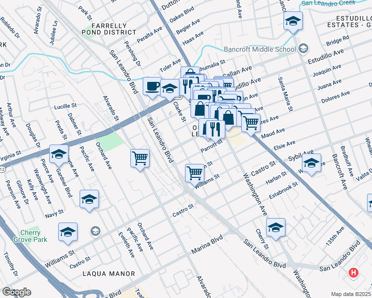map of restaurants, bars, coffee shops, grocery stores, and more near 1412 Carpentier Street in San Leandro