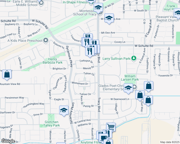 map of restaurants, bars, coffee shops, grocery stores, and more near 1640 Tahoe Circle in Tracy