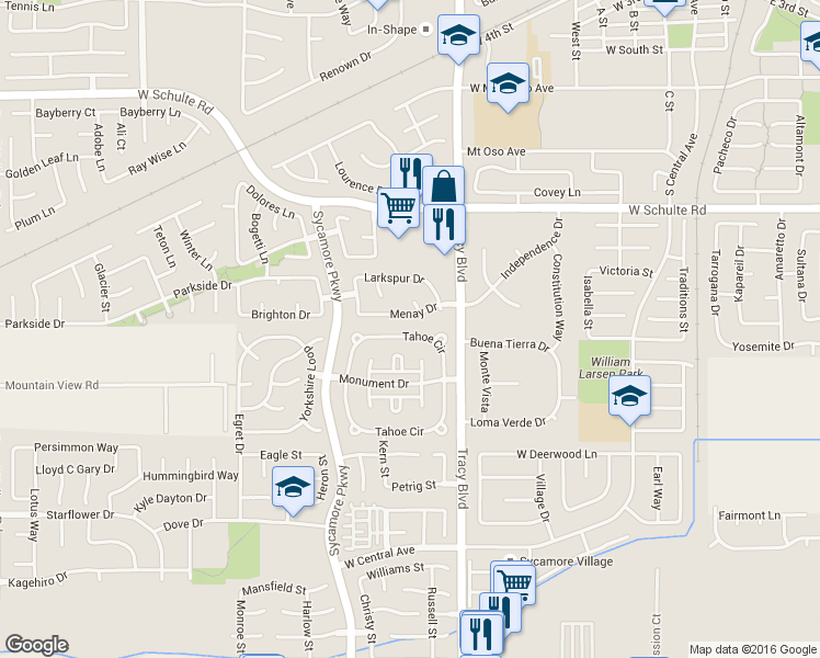 map of restaurants, bars, coffee shops, grocery stores, and more near 1660 Tahoe Circle in Tracy