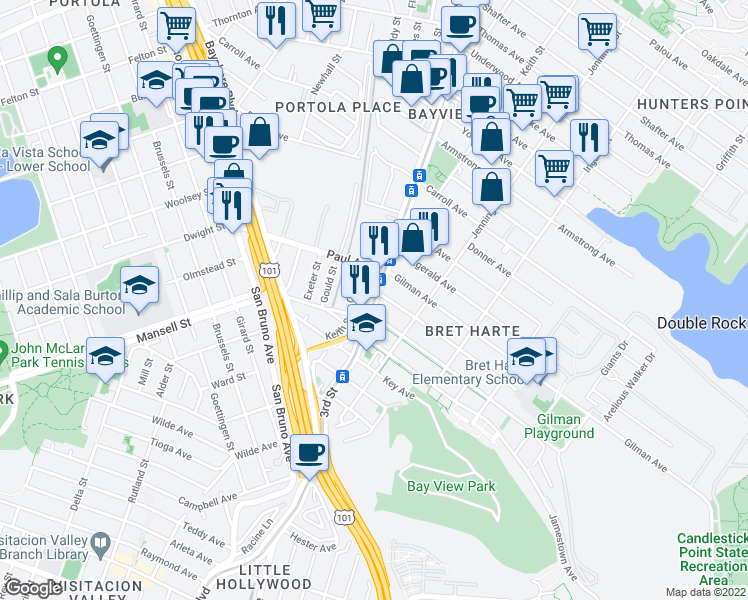 map of restaurants, bars, coffee shops, grocery stores, and more near 6271 3rd St in San Francisco