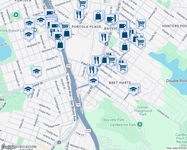 map of restaurants, bars, coffee shops, grocery stores, and more near 34 Carr Street in San Francisco