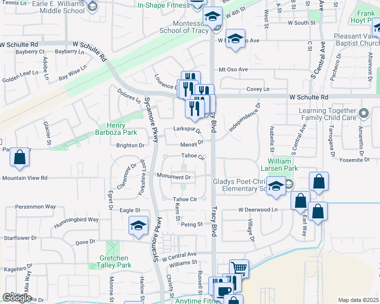 map of restaurants, bars, coffee shops, grocery stores, and more near 1660 Tahoe Circle in Tracy