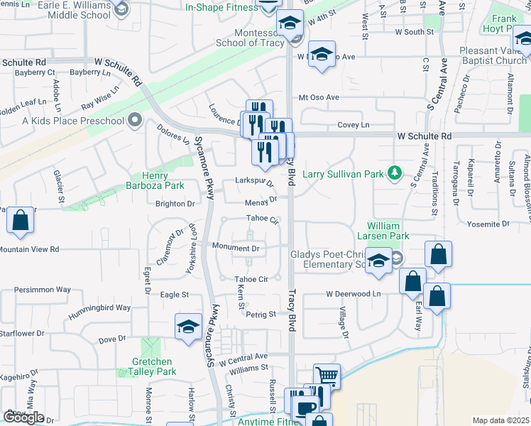 map of restaurants, bars, coffee shops, grocery stores, and more near 1640 Tahoe Circle in Tracy