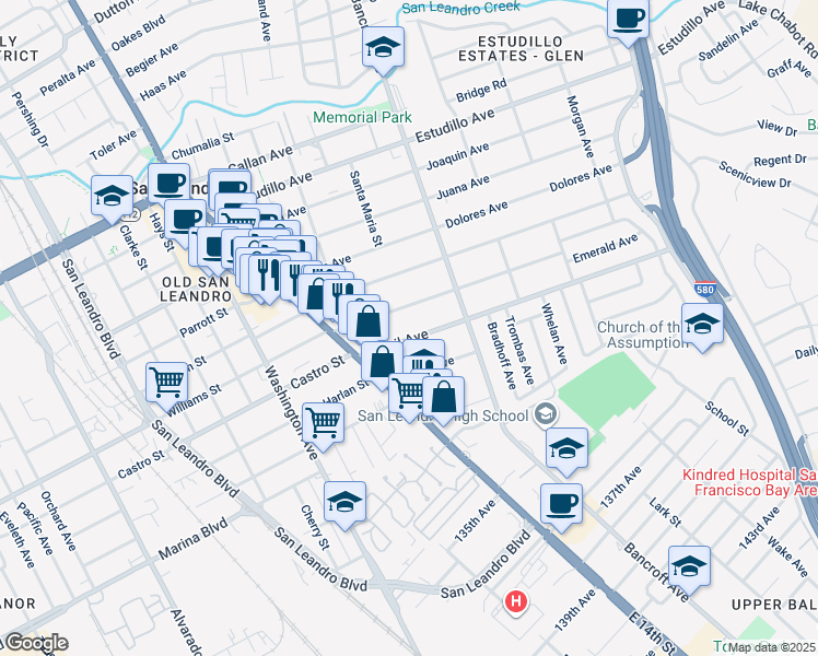 map of restaurants, bars, coffee shops, grocery stores, and more near 418 Sybil Avenue in San Leandro