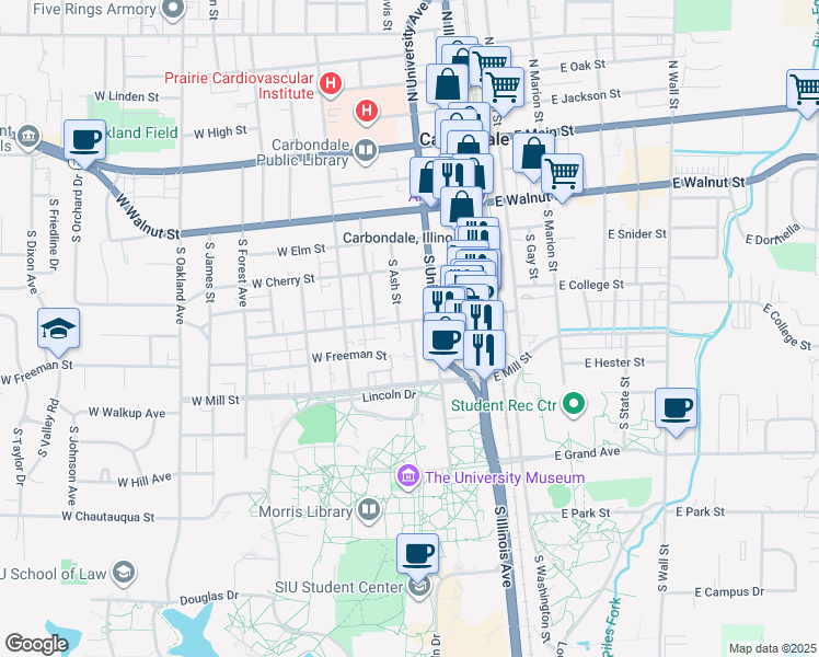 map of restaurants, bars, coffee shops, grocery stores, and more near 520 South University Avenue in Carbondale