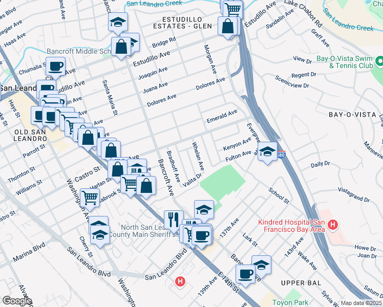 map of restaurants, bars, coffee shops, grocery stores, and more near 1958 Whelan Avenue in San Leandro
