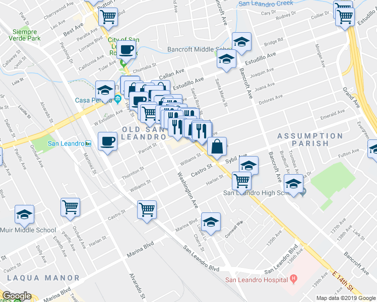 map of restaurants, bars, coffee shops, grocery stores, and more near 1675 East 14th Street in San Leandro