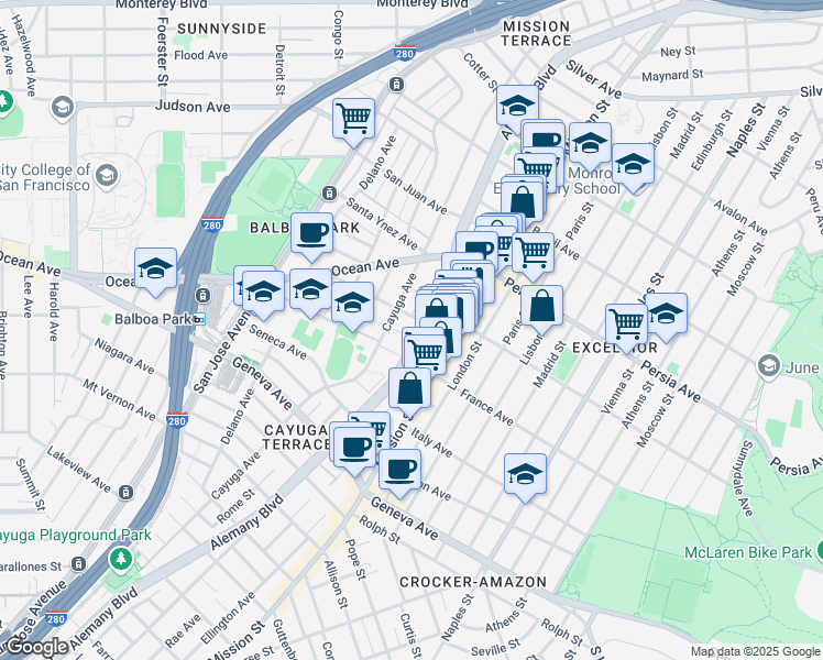 map of restaurants, bars, coffee shops, grocery stores, and more near 60 Onondaga Avenue in San Francisco