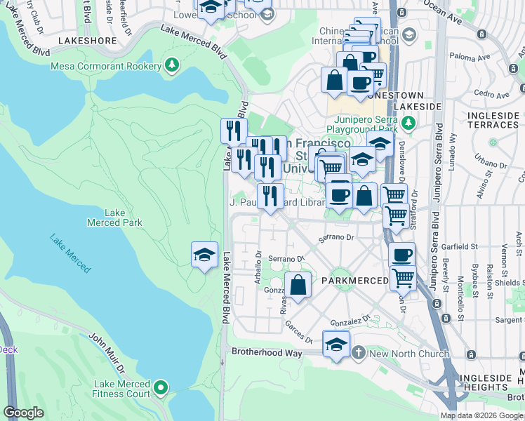 map of restaurants, bars, coffee shops, grocery stores, and more near 700 Font Boulevard in San Francisco