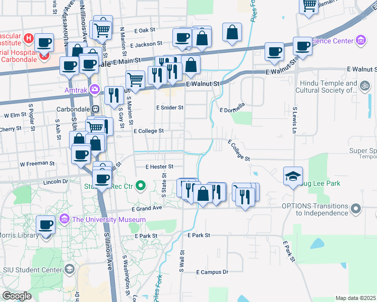 map of restaurants, bars, coffee shops, grocery stores, and more near 607 E College St in Carbondale