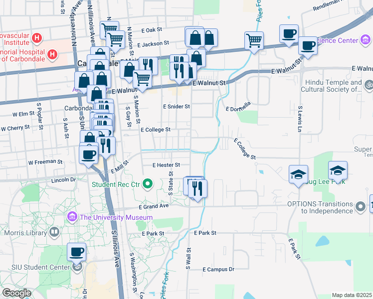 map of restaurants, bars, coffee shops, grocery stores, and more near 505 South Graham Avenue in Carbondale