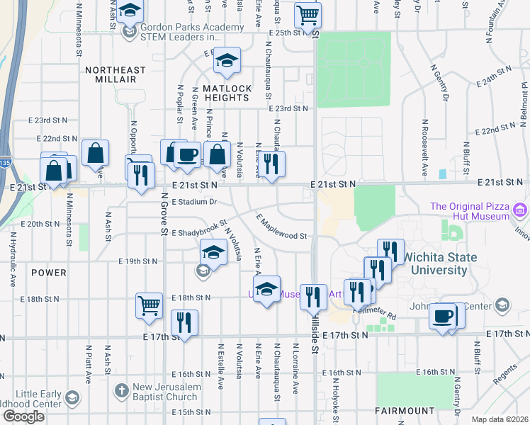map of restaurants, bars, coffee shops, grocery stores, and more near 2922 East Shadybrook Street in Wichita