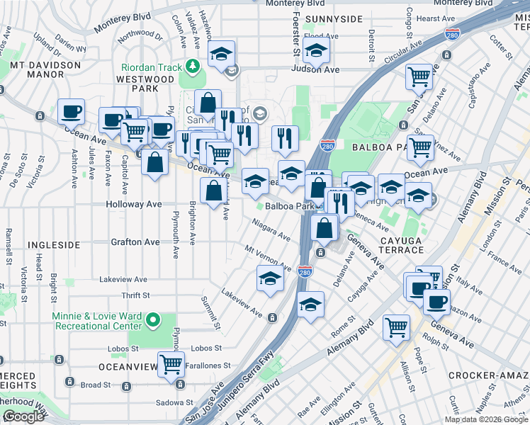 map of restaurants, bars, coffee shops, grocery stores, and more near 158 Howth Street in San Francisco