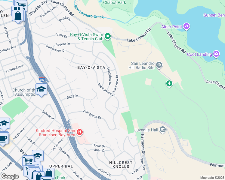map of restaurants, bars, coffee shops, grocery stores, and more near 2573 Lakeview Drive in San Leandro