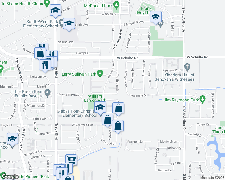 map of restaurants, bars, coffee shops, grocery stores, and more near 68 Primrose Court in Tracy