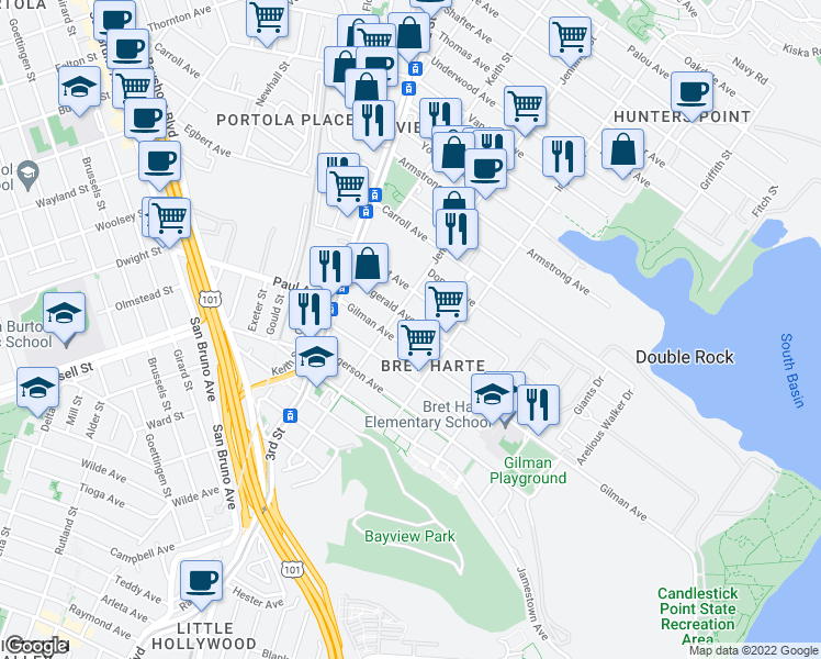 map of restaurants, bars, coffee shops, grocery stores, and more near 1267 Fitzgerald Avenue in San Francisco