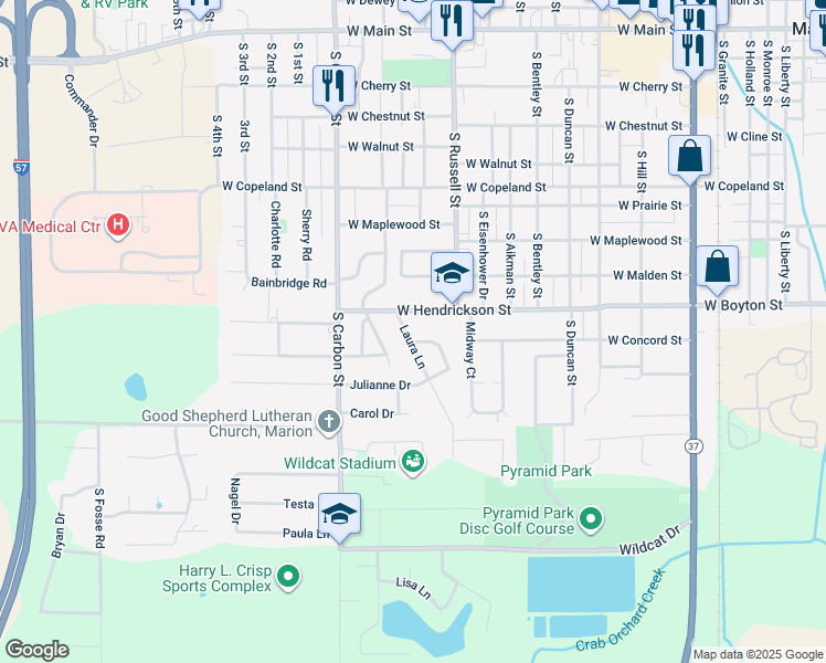 map of restaurants, bars, coffee shops, grocery stores, and more near 1001 Laura Lane in Marion