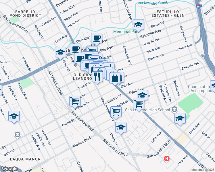 map of restaurants, bars, coffee shops, grocery stores, and more near 1675 East 14th Street in San Leandro