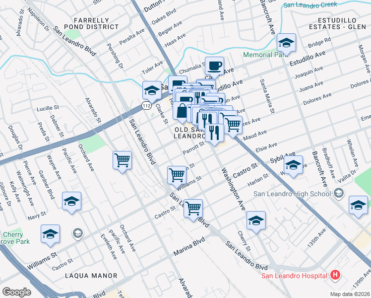 map of restaurants, bars, coffee shops, grocery stores, and more near 393 West Juana Avenue in San Leandro