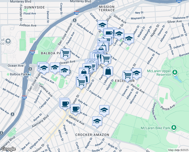 map of restaurants, bars, coffee shops, grocery stores, and more near 450 London Street in San Francisco