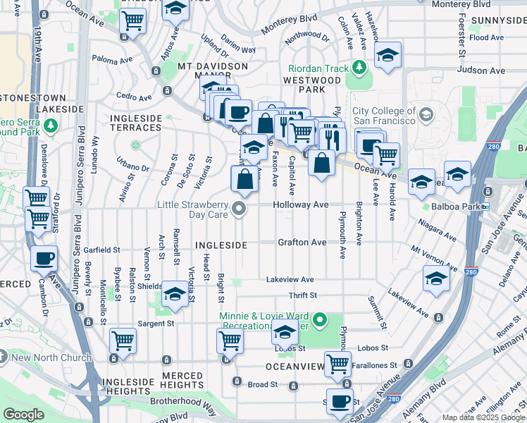 map of restaurants, bars, coffee shops, grocery stores, and more near 806 Holloway Avenue in San Francisco