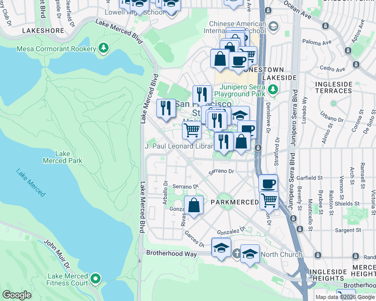 map of restaurants, bars, coffee shops, grocery stores, and more near 1 Tapia Drive in San Francisco