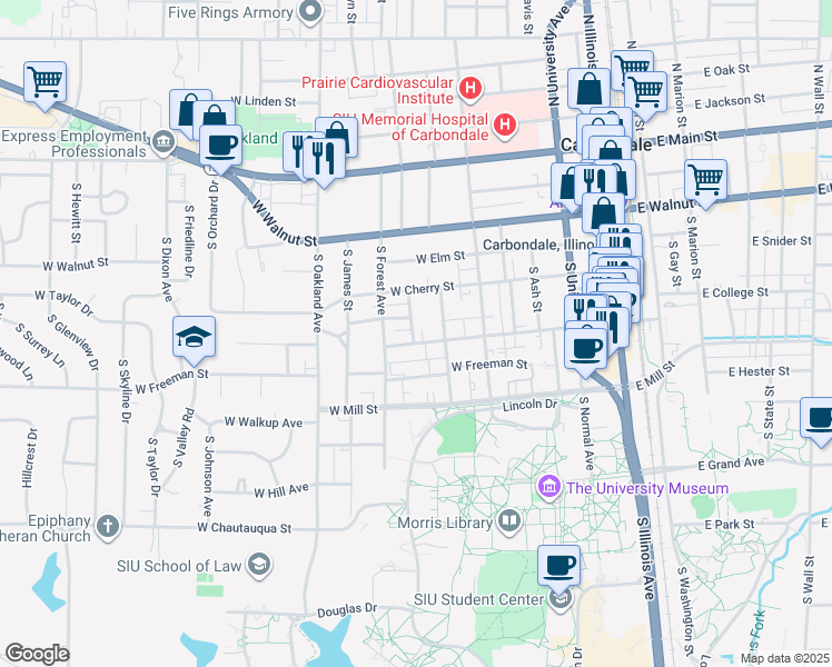 map of restaurants, bars, coffee shops, grocery stores, and more near 510 South Hays Avenue in Carbondale