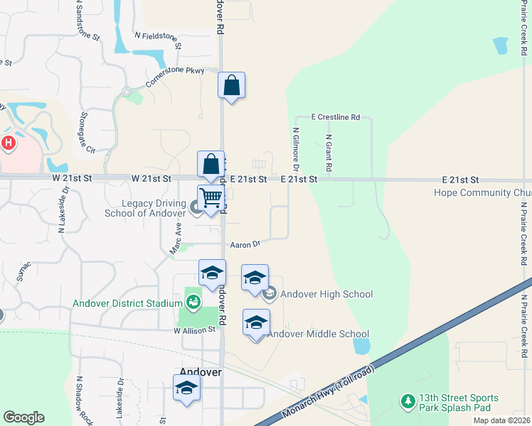 map of restaurants, bars, coffee shops, grocery stores, and more near 2023 Harvest Ridge Court in Andover