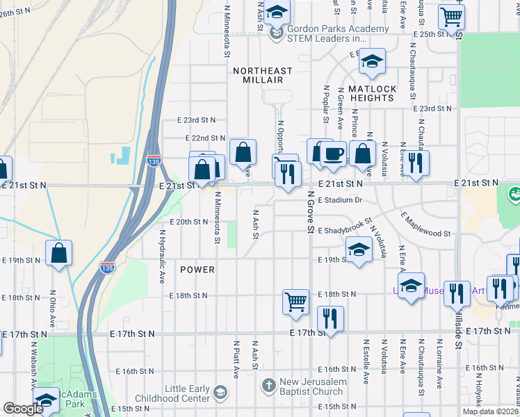 map of restaurants, bars, coffee shops, grocery stores, and more near 2113 North Madison Avenue in Wichita