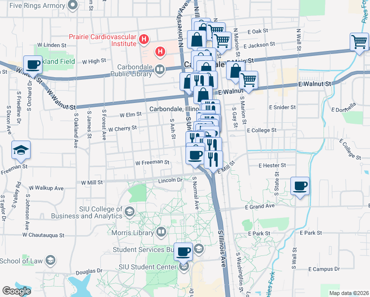 map of restaurants, bars, coffee shops, grocery stores, and more near 520 South University Avenue in Carbondale