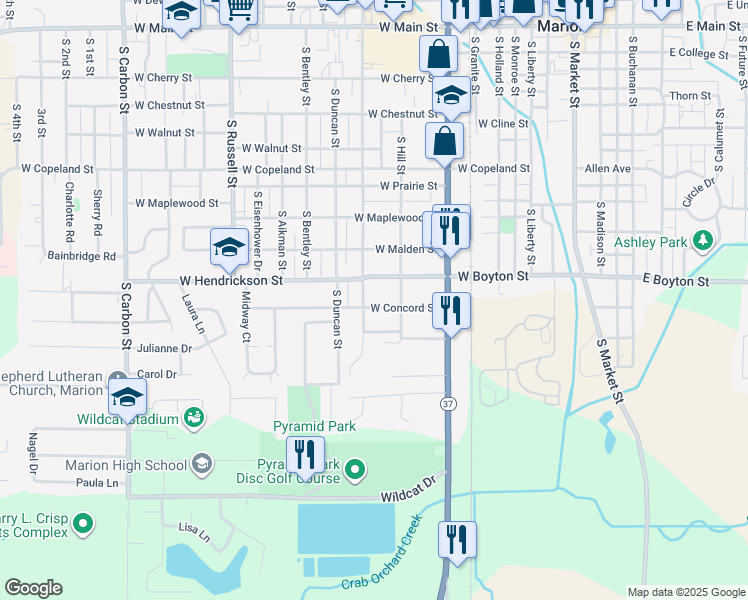 map of restaurants, bars, coffee shops, grocery stores, and more near 908 West Concord Street in Marion