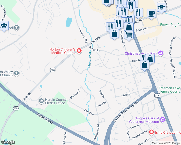 map of restaurants, bars, coffee shops, grocery stores, and more near 1335 Amanda Jo Drive in Elizabethtown