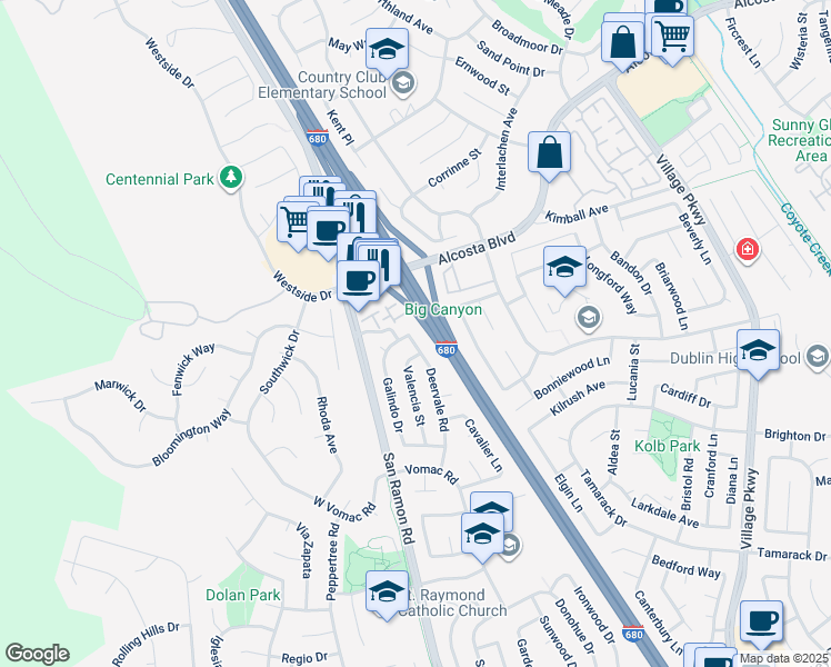 map of restaurants, bars, coffee shops, grocery stores, and more near 8725 Deervale Road in Dublin