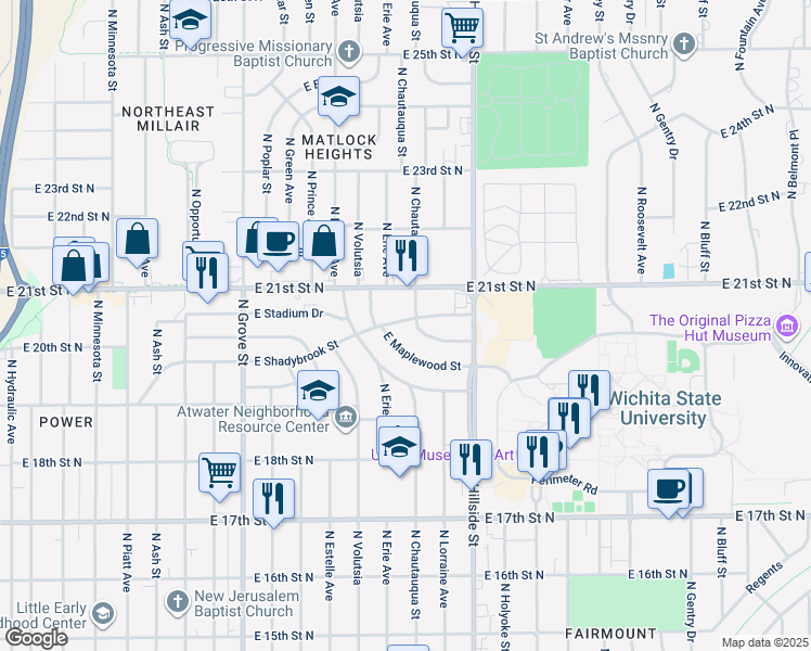 map of restaurants, bars, coffee shops, grocery stores, and more near 2921 East Shadybrook Street in Wichita
