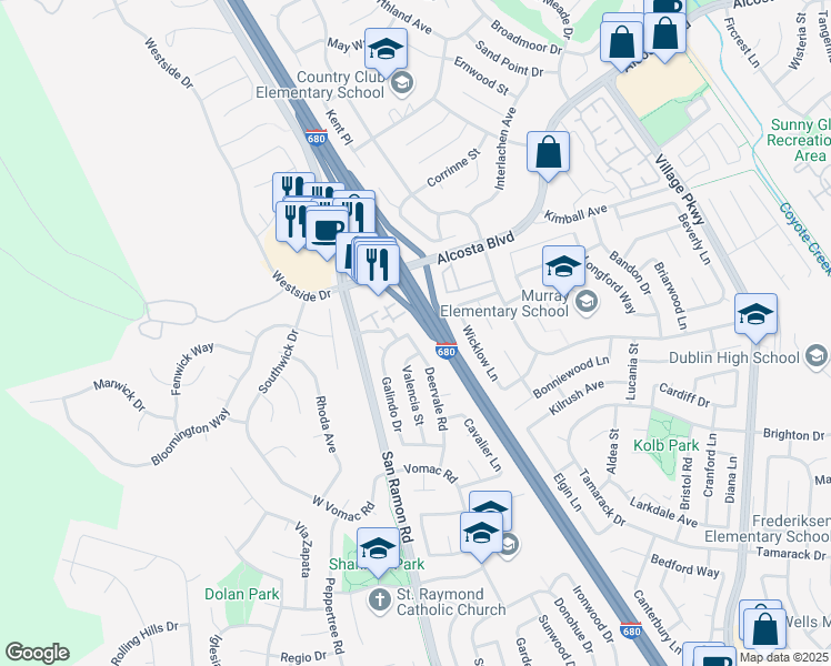 map of restaurants, bars, coffee shops, grocery stores, and more near 8725 Deervale Road in Dublin