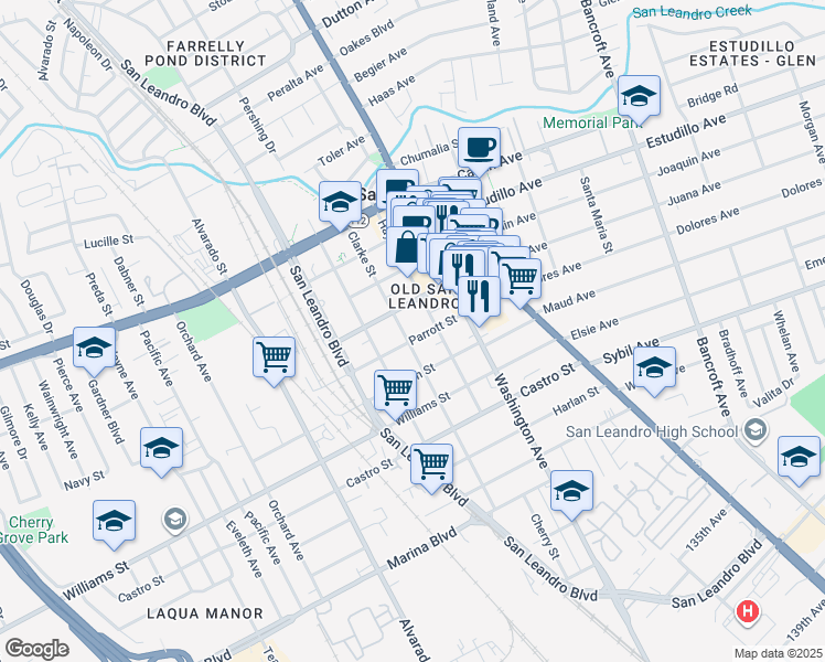 map of restaurants, bars, coffee shops, grocery stores, and more near 398 Parrott Street in San Leandro