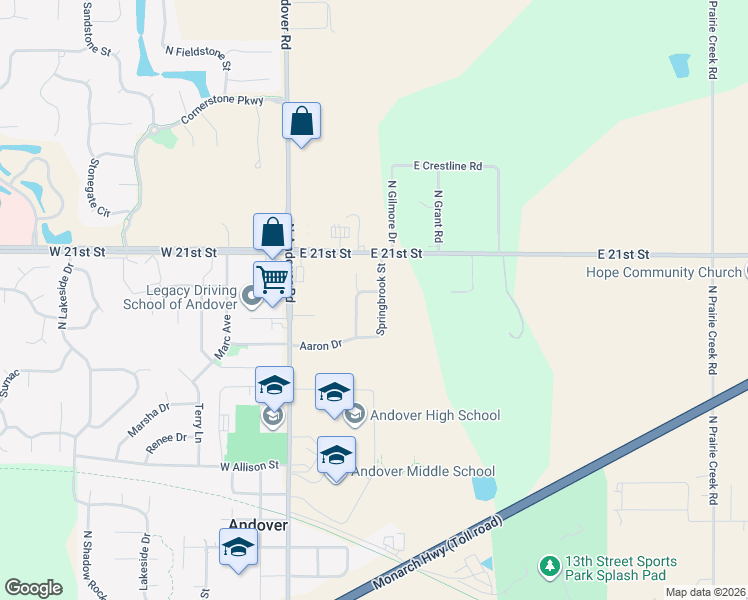 map of restaurants, bars, coffee shops, grocery stores, and more near 2020 Springbrook in Andover