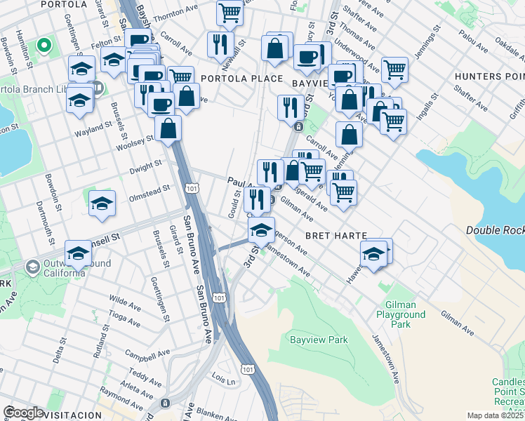 map of restaurants, bars, coffee shops, grocery stores, and more near 6246 3rd Street in San Francisco