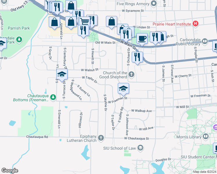 map of restaurants, bars, coffee shops, grocery stores, and more near 1403 West Taylor Drive in Carbondale