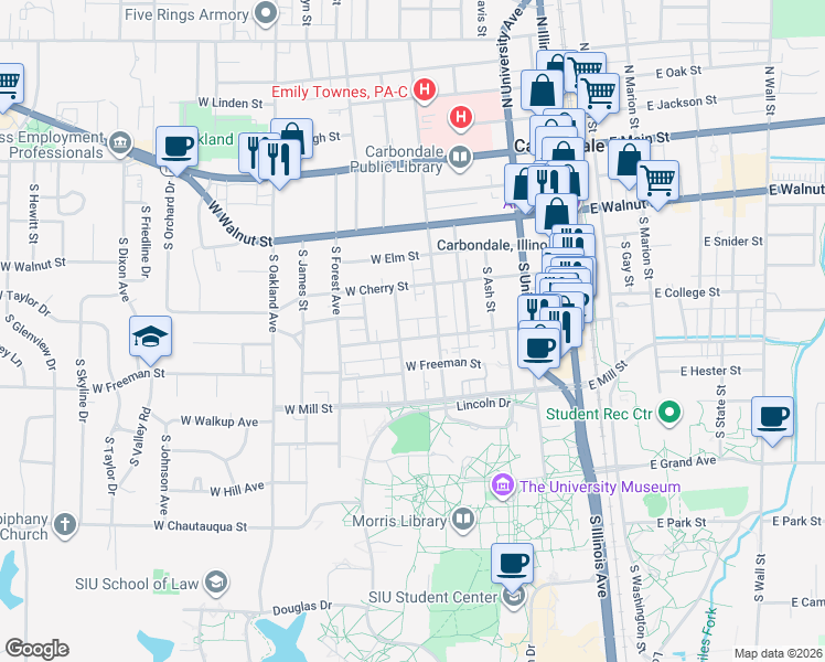map of restaurants, bars, coffee shops, grocery stores, and more near 606 West College Street in Carbondale